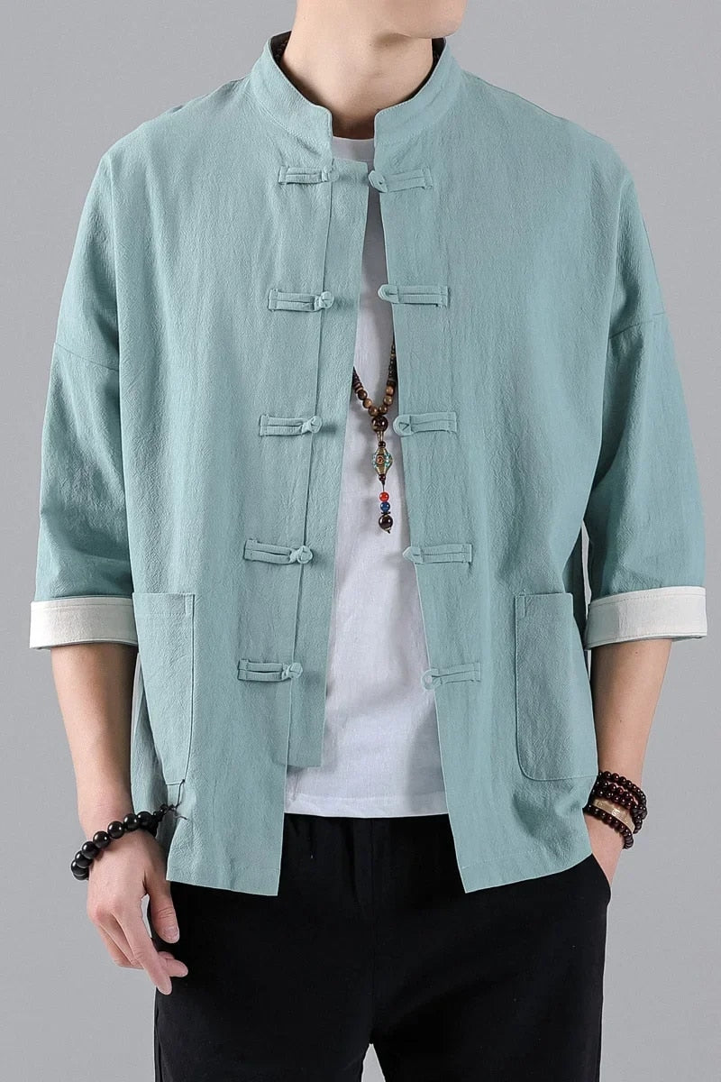 2022 New Chinese Style Mens Tops Tang Suit Linen Half Sleeve Solid Traditional image 9