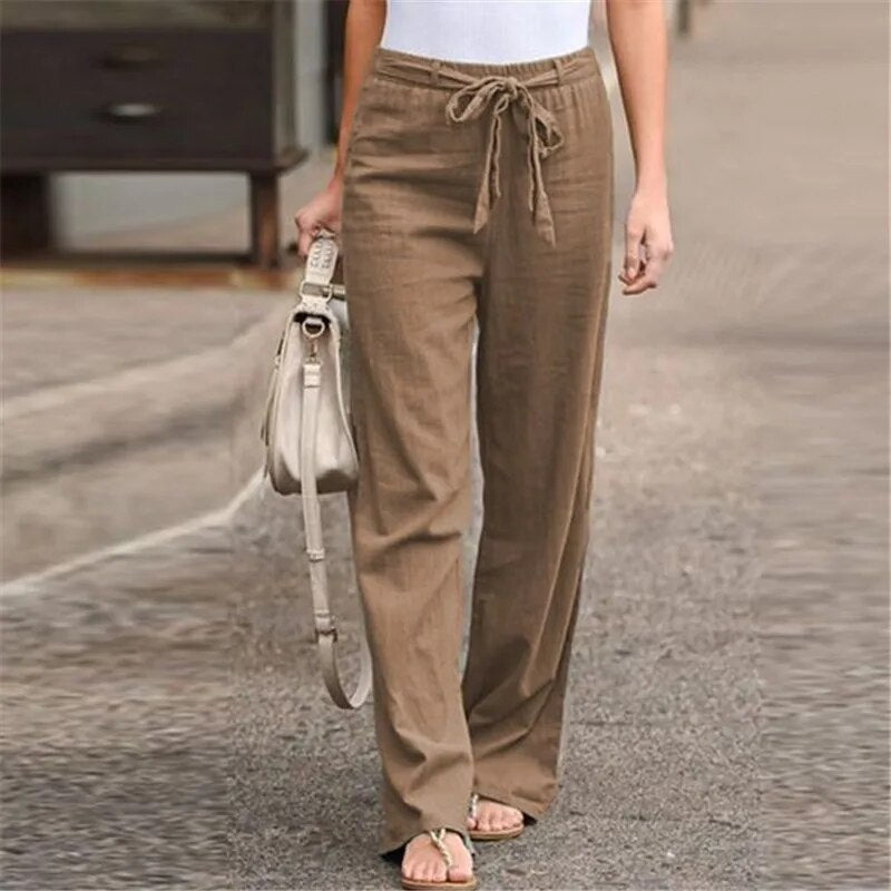 Women Cotton Linen Pants 2023 Summer Fashion Elastic Waist Loose Straight Pants image 1