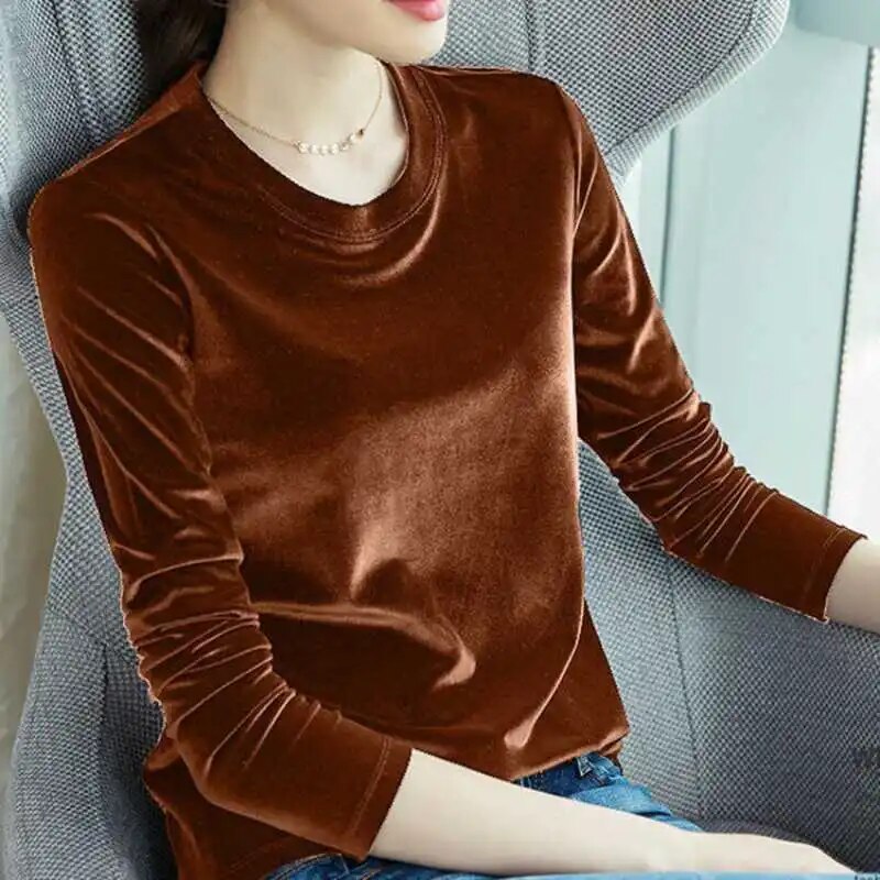 Spring Long Sleeve Loose Early Autumn T-shirt Women Gold Velvet Short Paragraph image 3