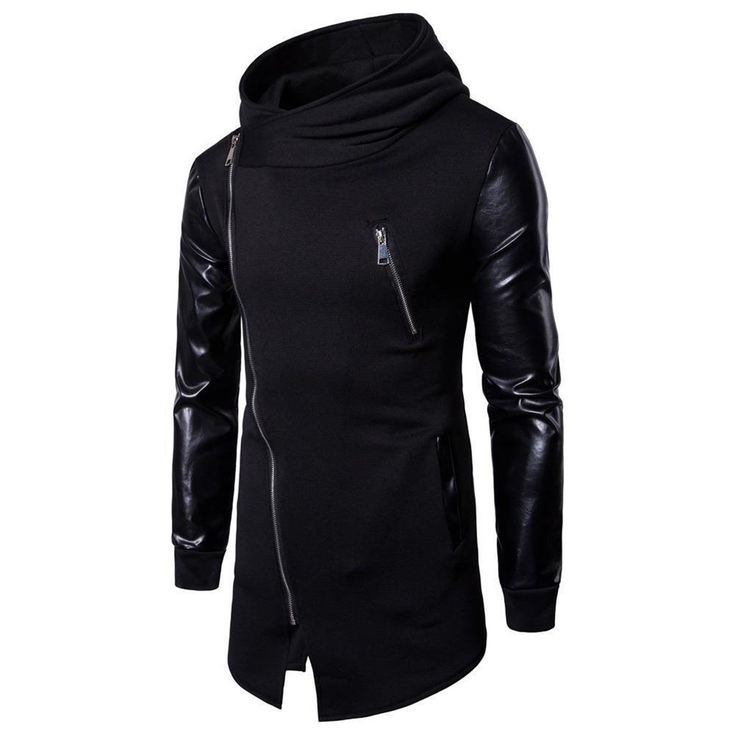 Gothic Men Fashion Hooded Sweatshirts PU Leather Patchwork Side Zipper Medium L image 2