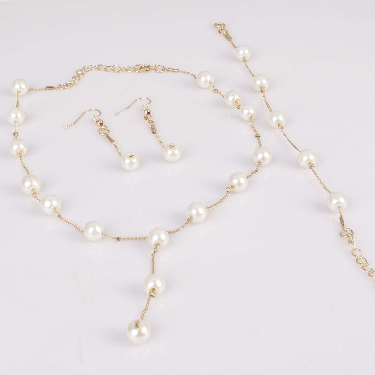 4pcs Gold-color Necklace Earring Bracelet Set Ladies Elegant Imitation-Pearls C image 3