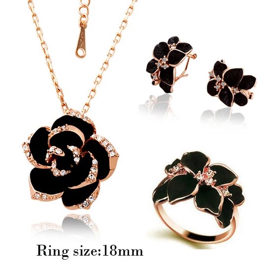 Fashion Rose Flower Enamel Jewelry Set Rose Gold Color Black Bridal Jewelry Set image 1