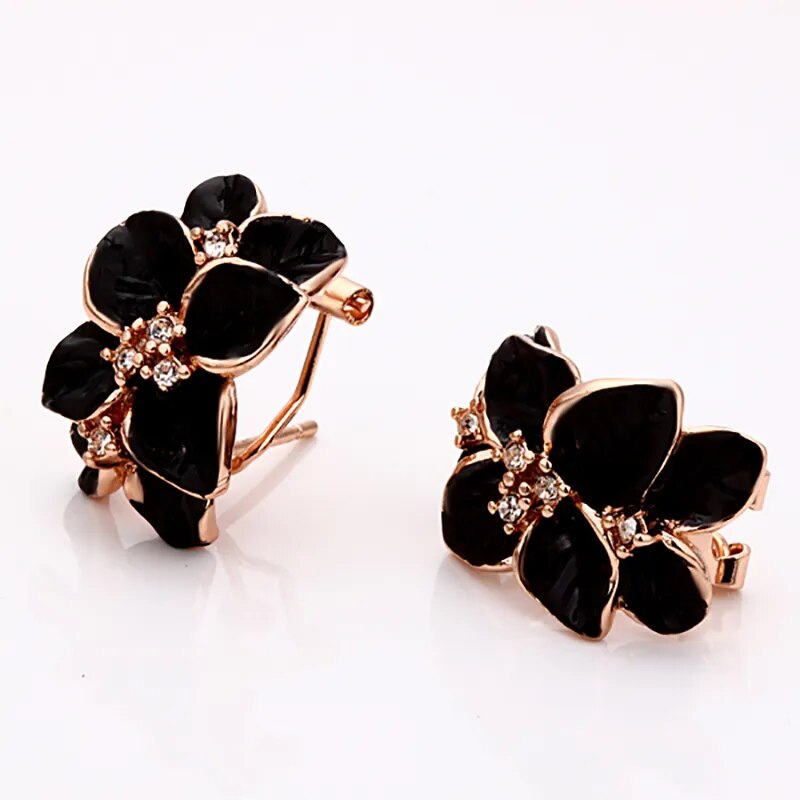 Fashion Rose Flower Enamel Jewelry Set Rose Gold Color Black Bridal Jewelry Set image 7