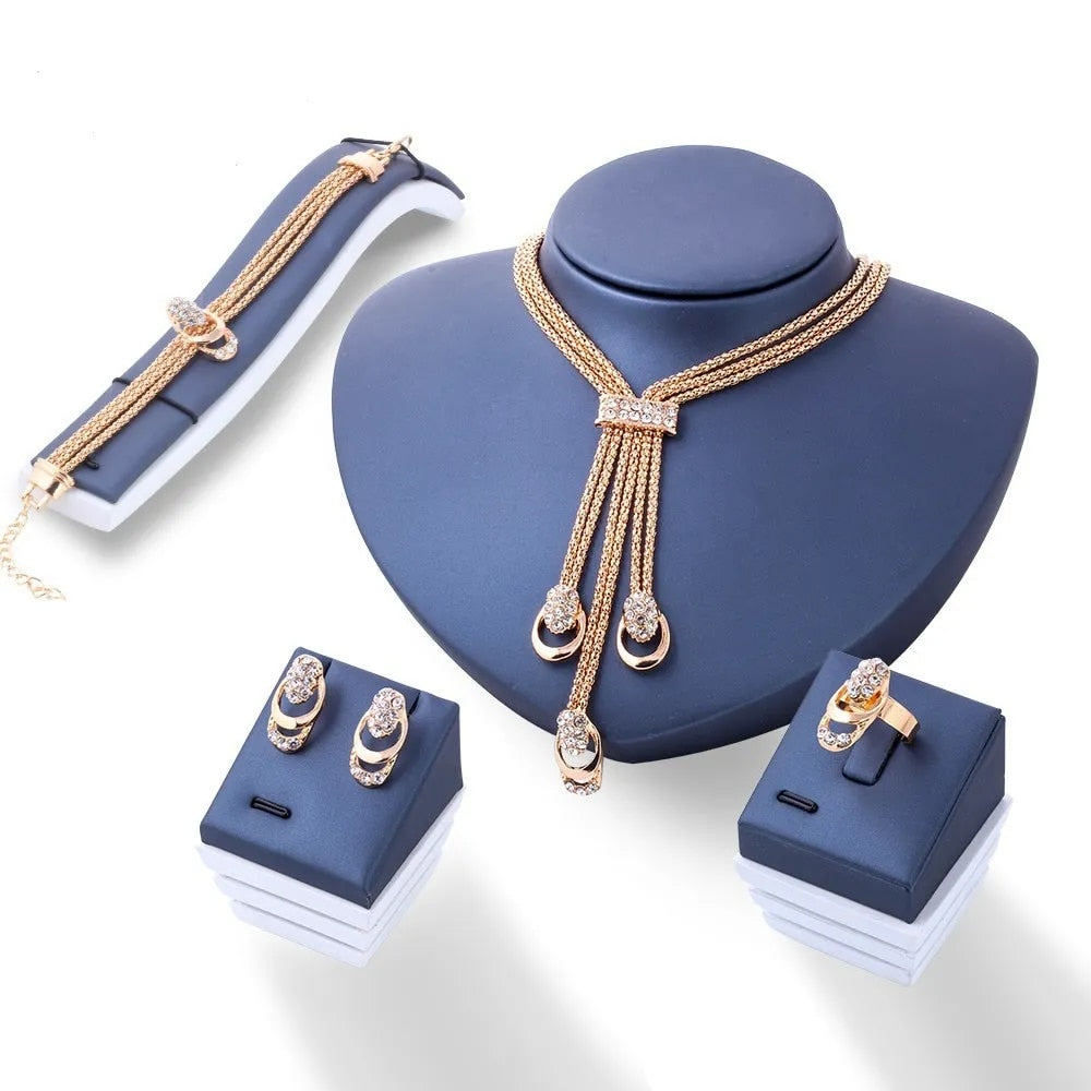 4Pcs Jewelry Set Rings Necklace Earrings Bracelet High Performance Golden Jewel image 1