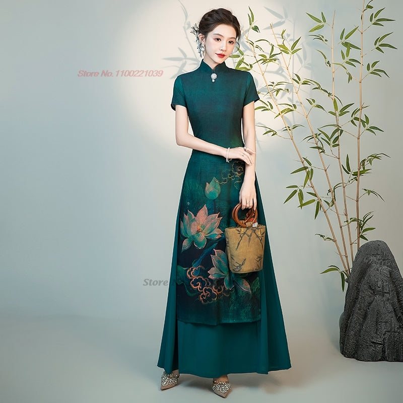 2024 vietnam traditional ao dai dress national flower print improved cheongsam image 2