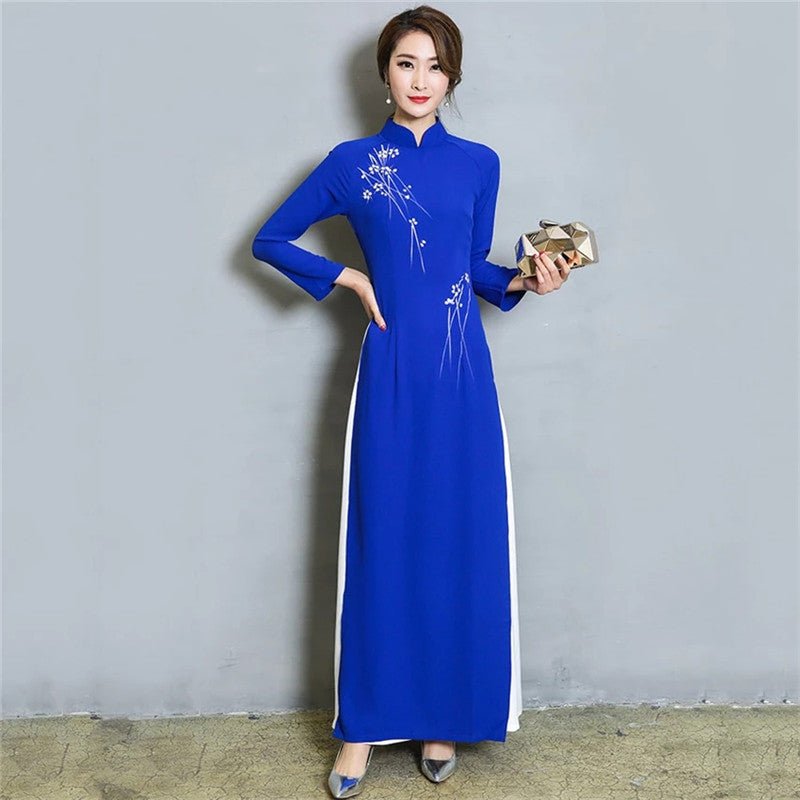 Spring Summer Vintage Chinese Traditional Chiffon Cheongsam Embroidery Flower W image 1