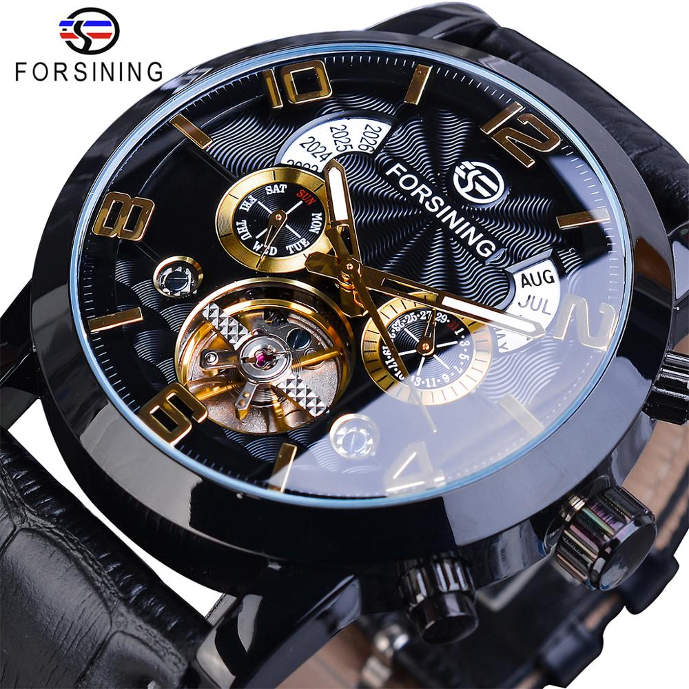 Forsining Tourbillion Fashion Wave Black Golden Clock Multi Function Display Me image 0