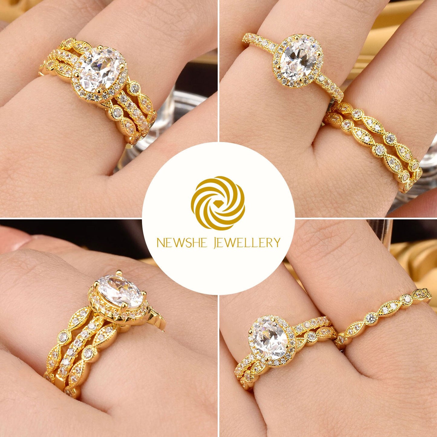 Newshe Yellow Rose Gold Engagement Rings For Women Bridal Set 925 Silver image 5