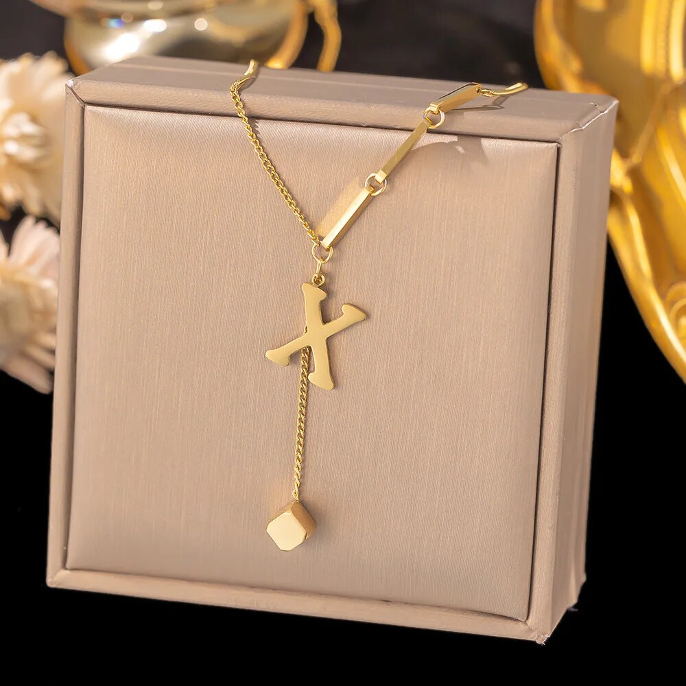 Stainless Steel Initial Letter Necklace For Women Gold Color 26 Alphabet Pendan image 22
