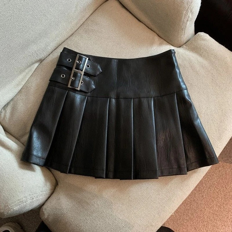 MEXZT Y2K Pu Leather Mini Skirts Women Streetwear High Waist Pleated Skirt Vint image 2
