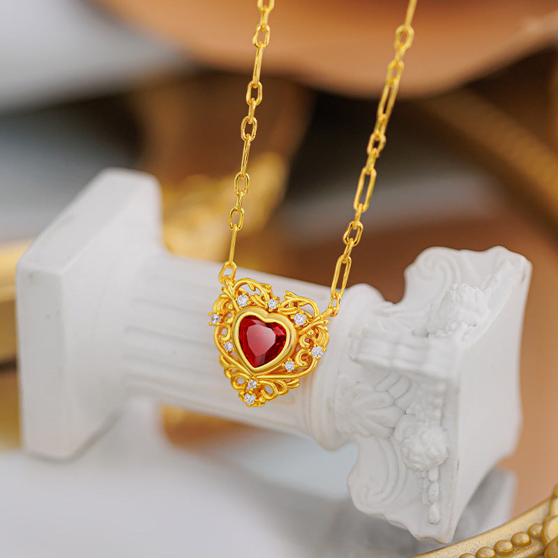 Real18 K Gold Color Ruby Zircon Heart Collar Necklace Chain for Women Valentine image 4