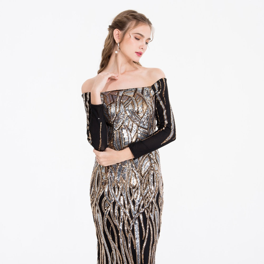 Angel-fashions Vintage Sequin Prom Gown Off Shoulder Long Sleeves Gold Silver B image 2