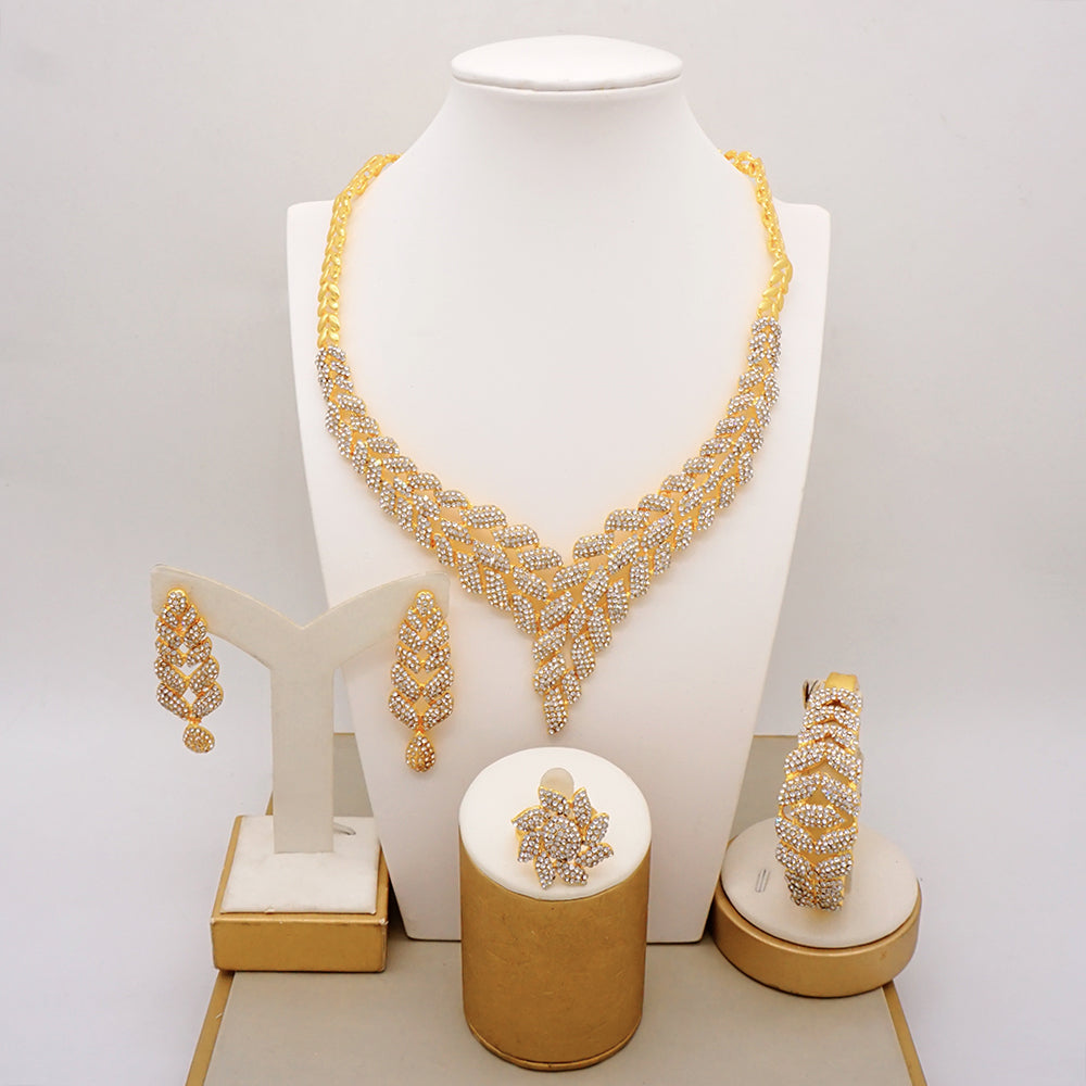 Latest Italian Dubai Gold Color Ladies Full Crystal Necklace Jewelry Set Simple image 3