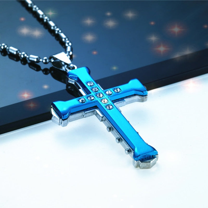 2022 New Male Crystal Cross Jesus Pendant Gold/Black/Blue Color Zirconia image 7