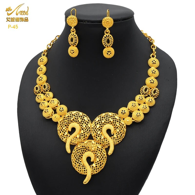 Indian Gold Plated Jewelry Set For Women African Bridal 24K Gold Color Necklace image 30