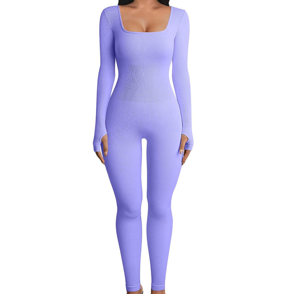Women's One-Piece Ribbed Square Collar Yoga Sports Jumpsuit Solid Color Long Sl image 3