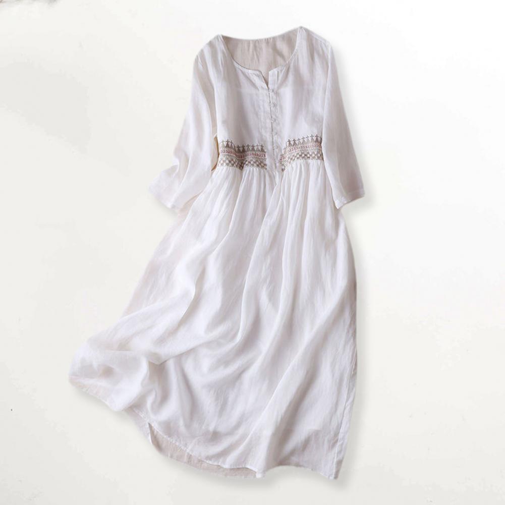 Cotton Casual Dress Elegant Ethnic Embroidered Midi Dress with High Waist Doubl image 4