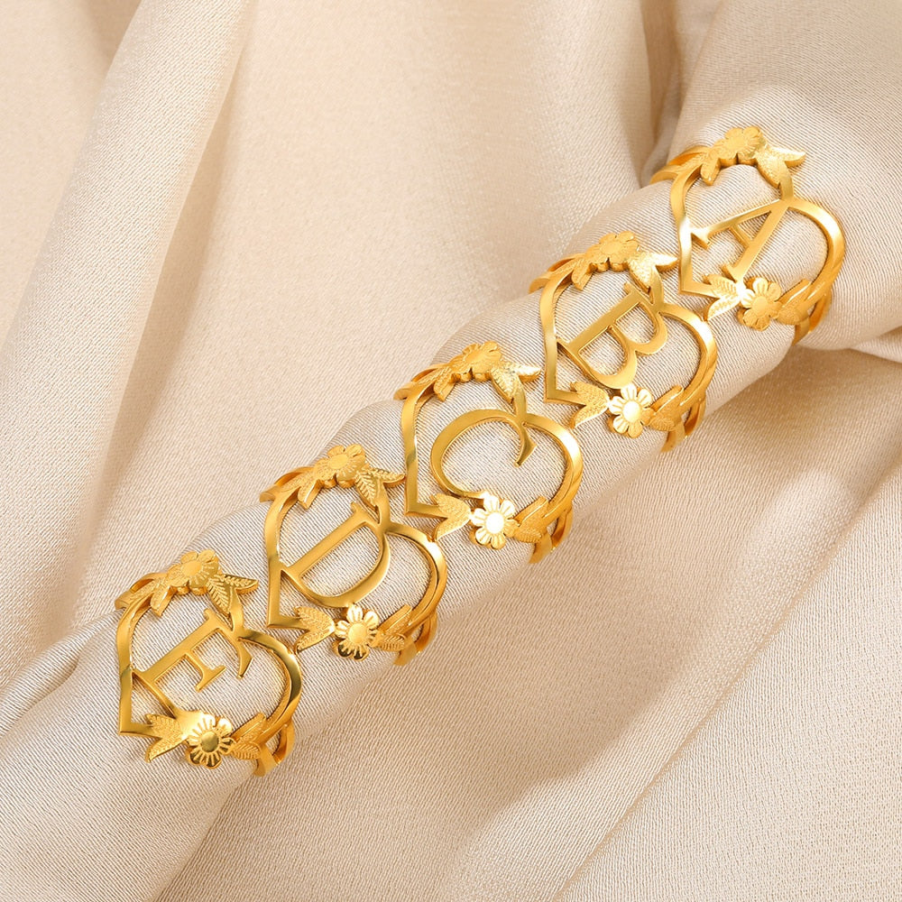 Stainless Steel Initials Flower Heart Rings Gold Color Adjustable Delicate Lett image 31