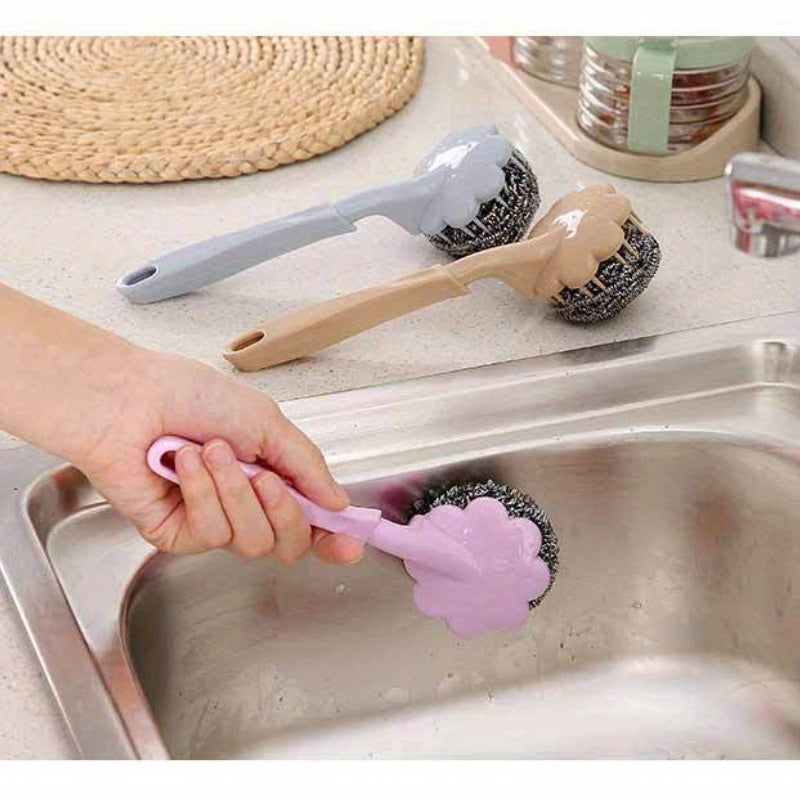 3pcs Plum Blossom Shaped Stainless Steel Wire Scrub Brushes With Handle For Kit image 1
