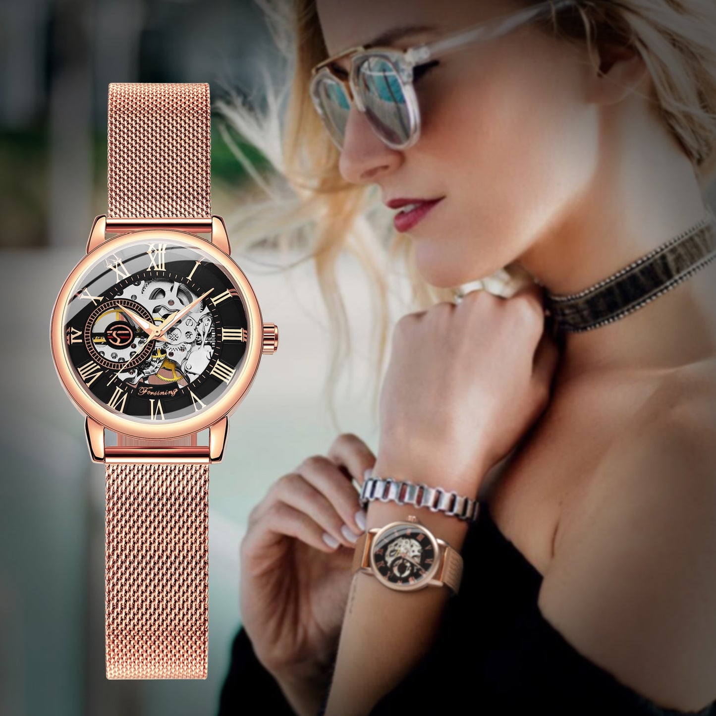 Forsining Rose Gold Skeleton Mechanical Watch for Women Fashion Luminous Hands image 1