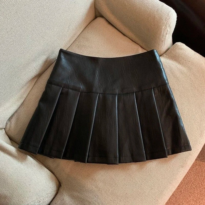 MEXZT Y2K Pu Leather Mini Skirts Women Streetwear High Waist Pleated Skirt Vint image 4