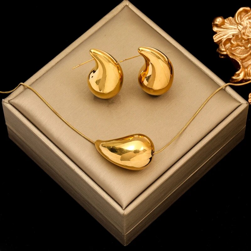 EILIECK 316L Stainless Steel Gold Color Water Drops Necklace Earrings Trendy Fo image 6
