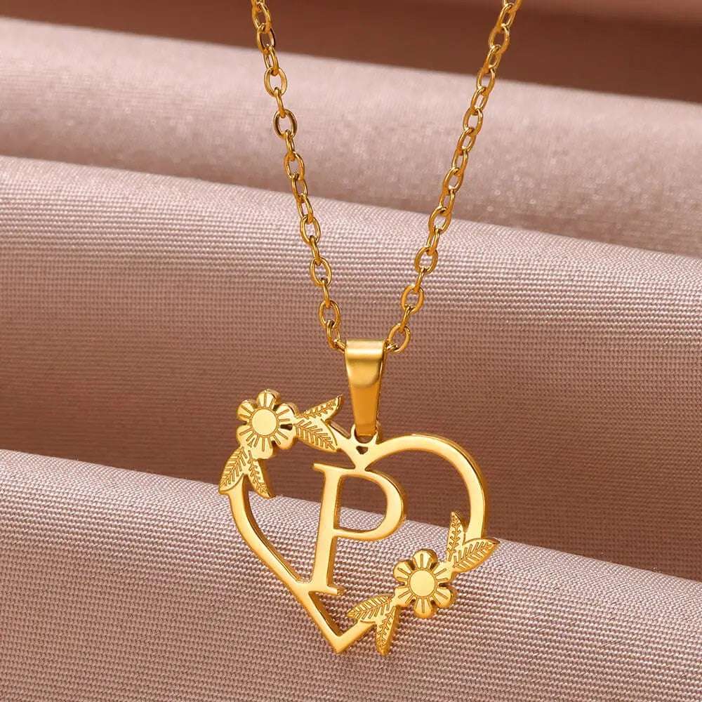 Gold Color Dainty Flower Initials Necklace Women Girl Stainless Steel Heart Let image 16