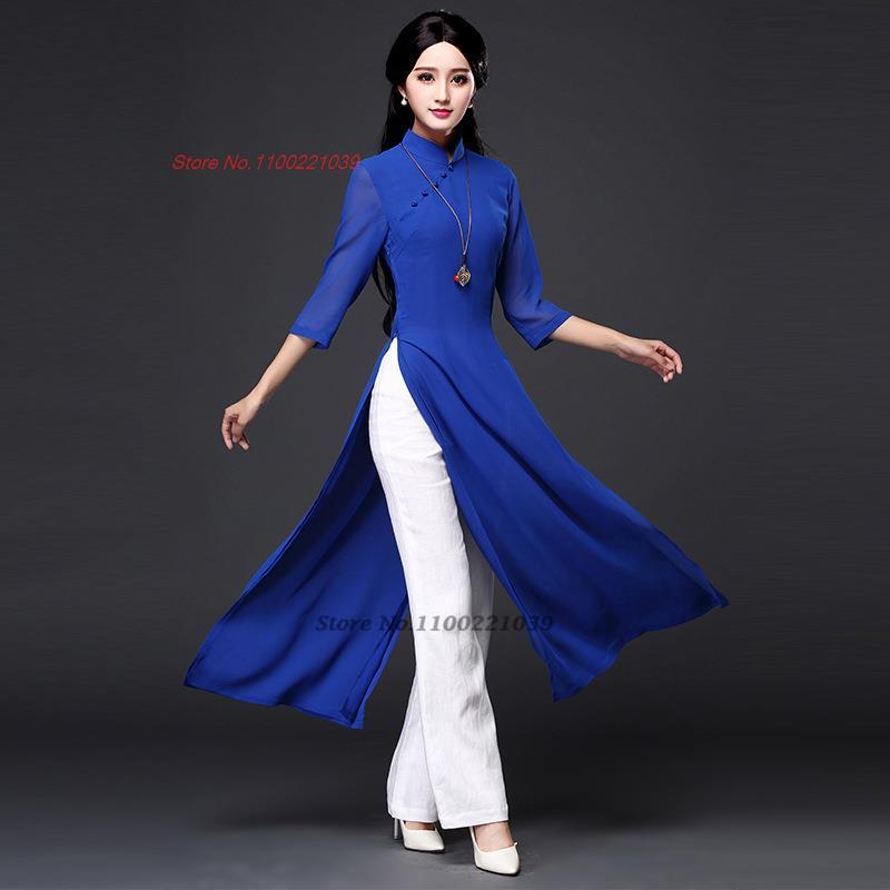 2024 traditional folk style aodai dress+pants set vietnam chiffon aodai elegant image 4