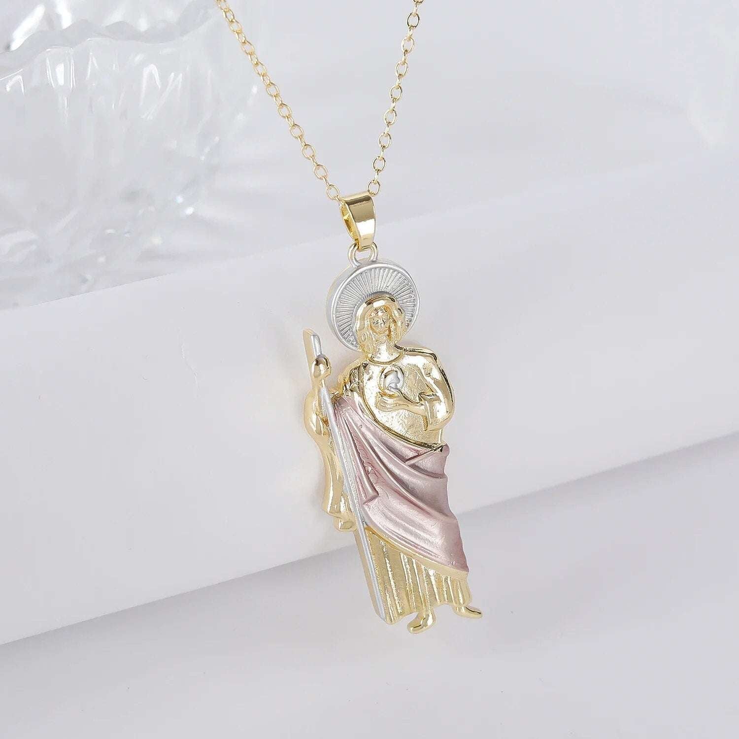 Green Pink Gold Color San Judas Tadeo Pendant Necklace 3 Sizes Gold Necklace fo image 2