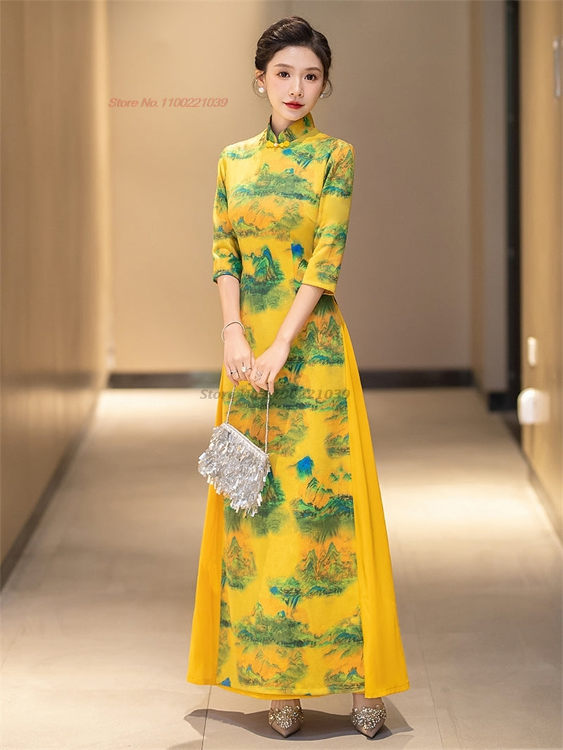 2024 chinese improved qipao dress vintage flower print cheongsam vietnam ao dai image 3