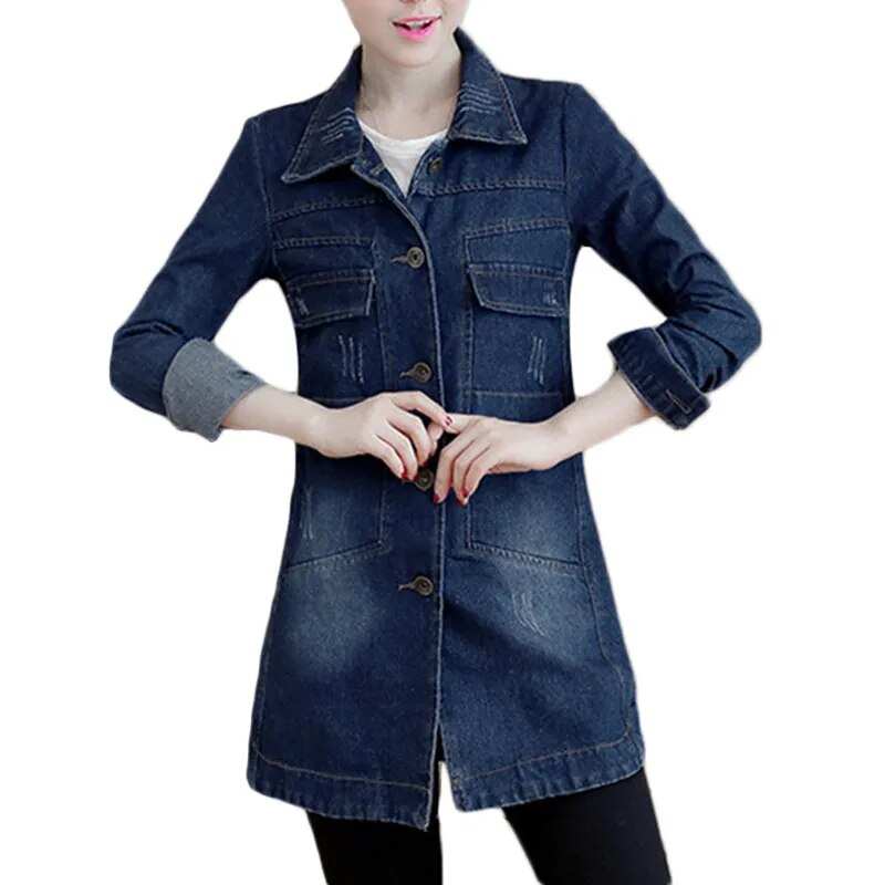New Autumn Winter Korean Denim Jacket 5XL Women Slim Long Base Coat Women's Fra image 7