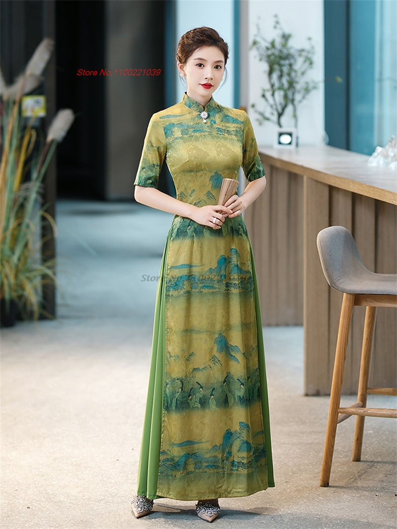 2024 traditional vietnam vintage dress aodai national flower print folk dress c image 2