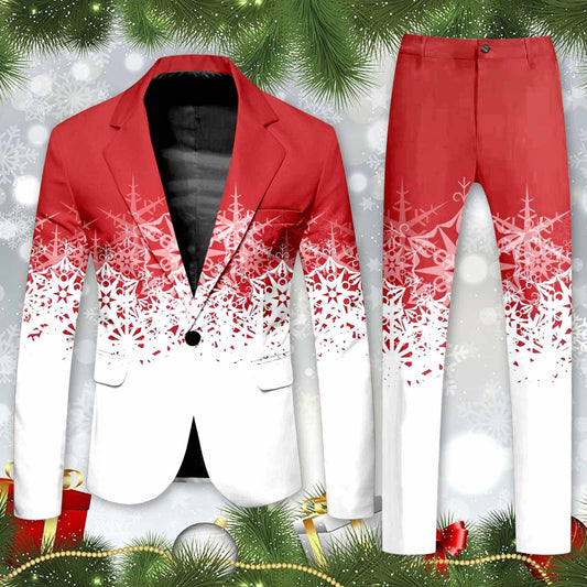 Blazer Men's Christmas 2 Piece Suit Set Snowflake Print Suit Jacket And Pants S image 0
