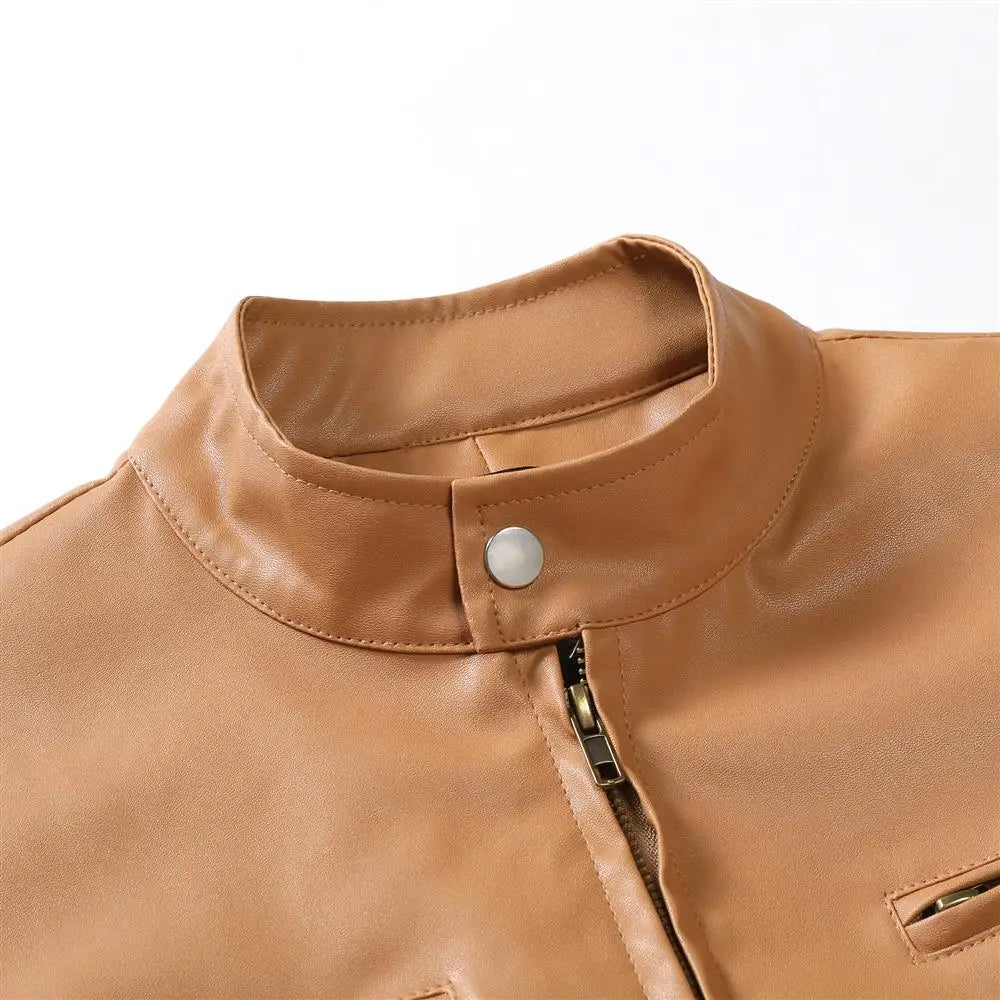 Autumn Mens Stand Collar Jacket Coat Black Leather Motorcycle Jacket Solid Colo image 5