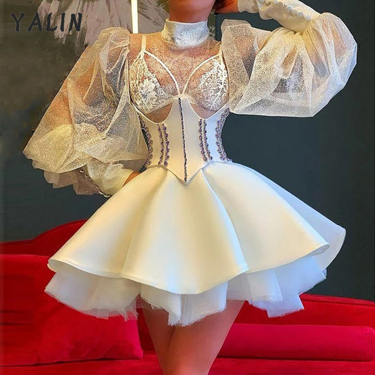 YALIN Little White Gown High Neck Short Puffy Homecoming Dresses Illusion Long  image 0