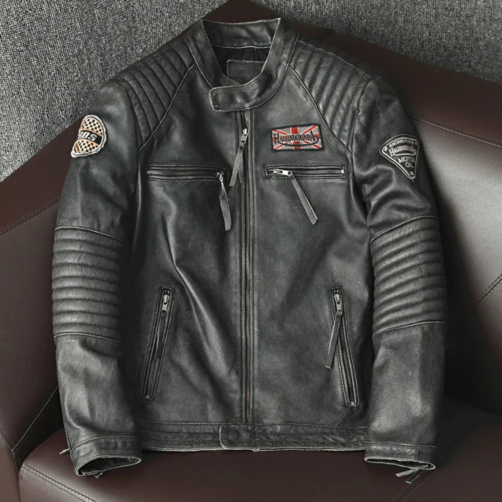 Free shipping,Biker Popular motor style Vintage men's quality genuine leather J image 2