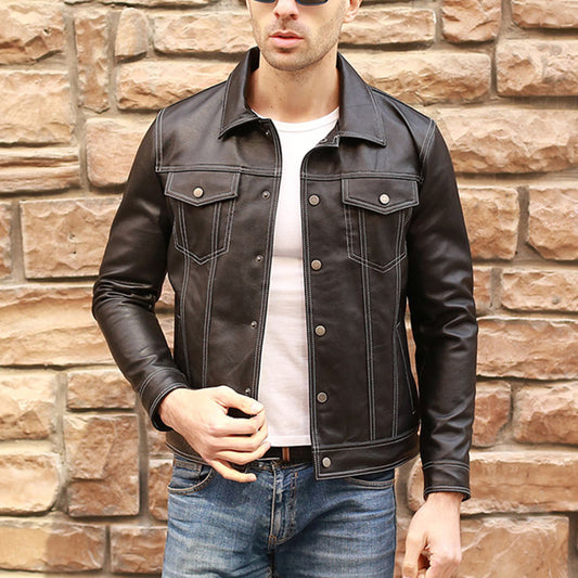 Genuine Men Casual Coat Brand Luxury Real Slim Lapel Black Pocket Sheep Leather image 0