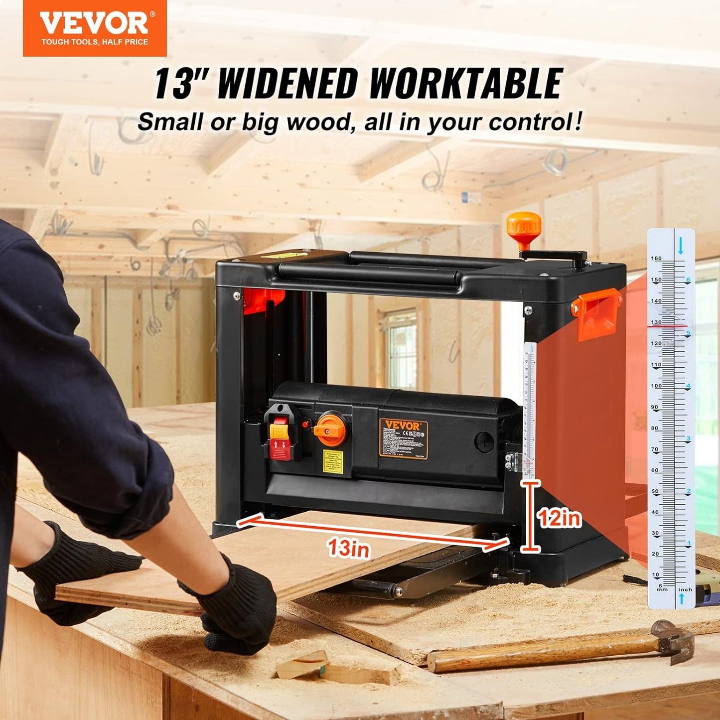 VEVOR Thickness Planer, Two Speed, 13" W Benchtop Planer, Three-Blade, 15-A 200 image 3