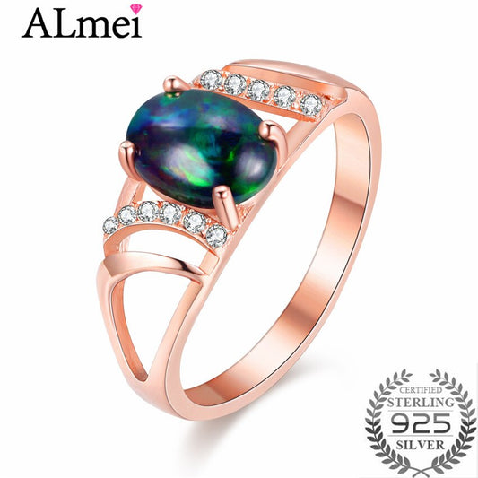 Almei 1ct Black Opal Beads Rose Gold Color Filigree Rings Silver 925 Hollow image 0