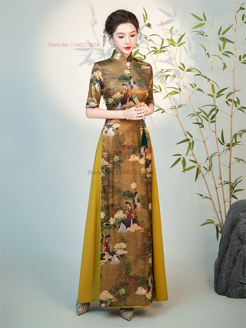 2024 vietnam traditional aodai dress chinese improved qipao national crane prin image 4