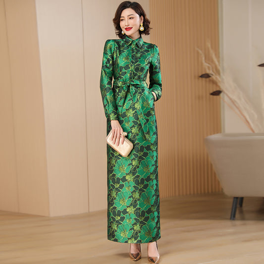 Spring Autumn Long Dress for Women Pencil Dress A-line Green Floral Slit Straig image 0