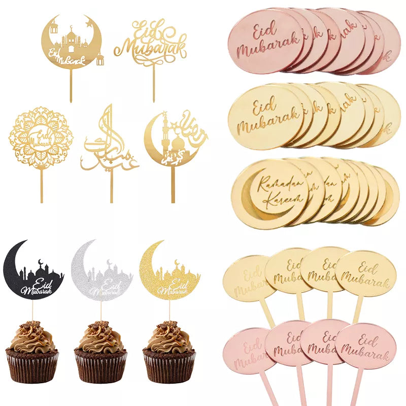 Golden Eid Mubarak Acrylic Cake Toppers Castle Moon CupCake Topper for image 3
