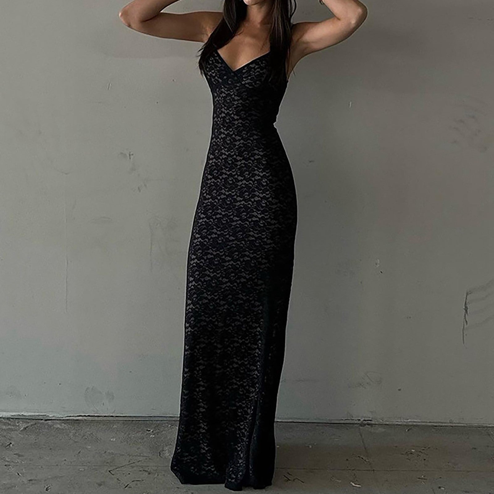 Elegant Spaghetti Strap Lace Dress Low Cut Slim Fit Long Robe Formal Evening Pa image 0