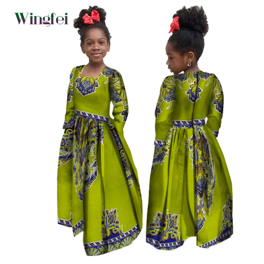 African Girl Dress Kids Dashiki Ankara Floral Print Dress Wax Cotton Long Sleev image 0