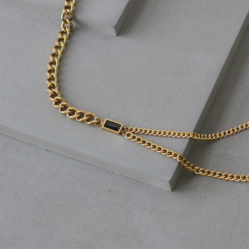 Titanium With 18 K Gold Black Zircon Double Chian  Necklace Women Stainless Ste image 1