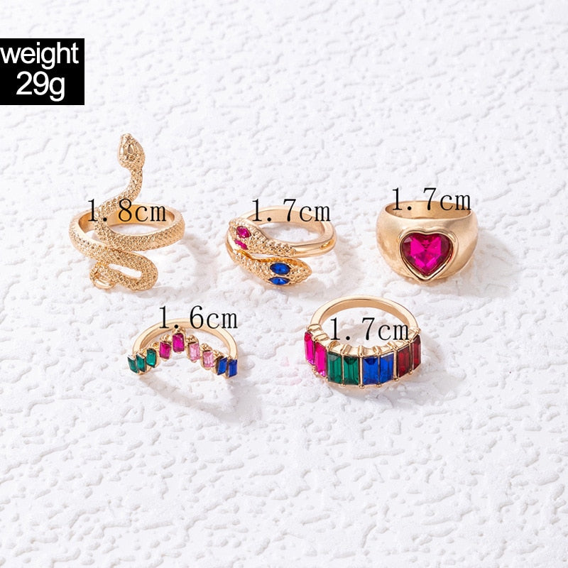 Colorful Crystal Snake Shape Ring Set For Women Fashion Butterfly Heart Gold Co image 21