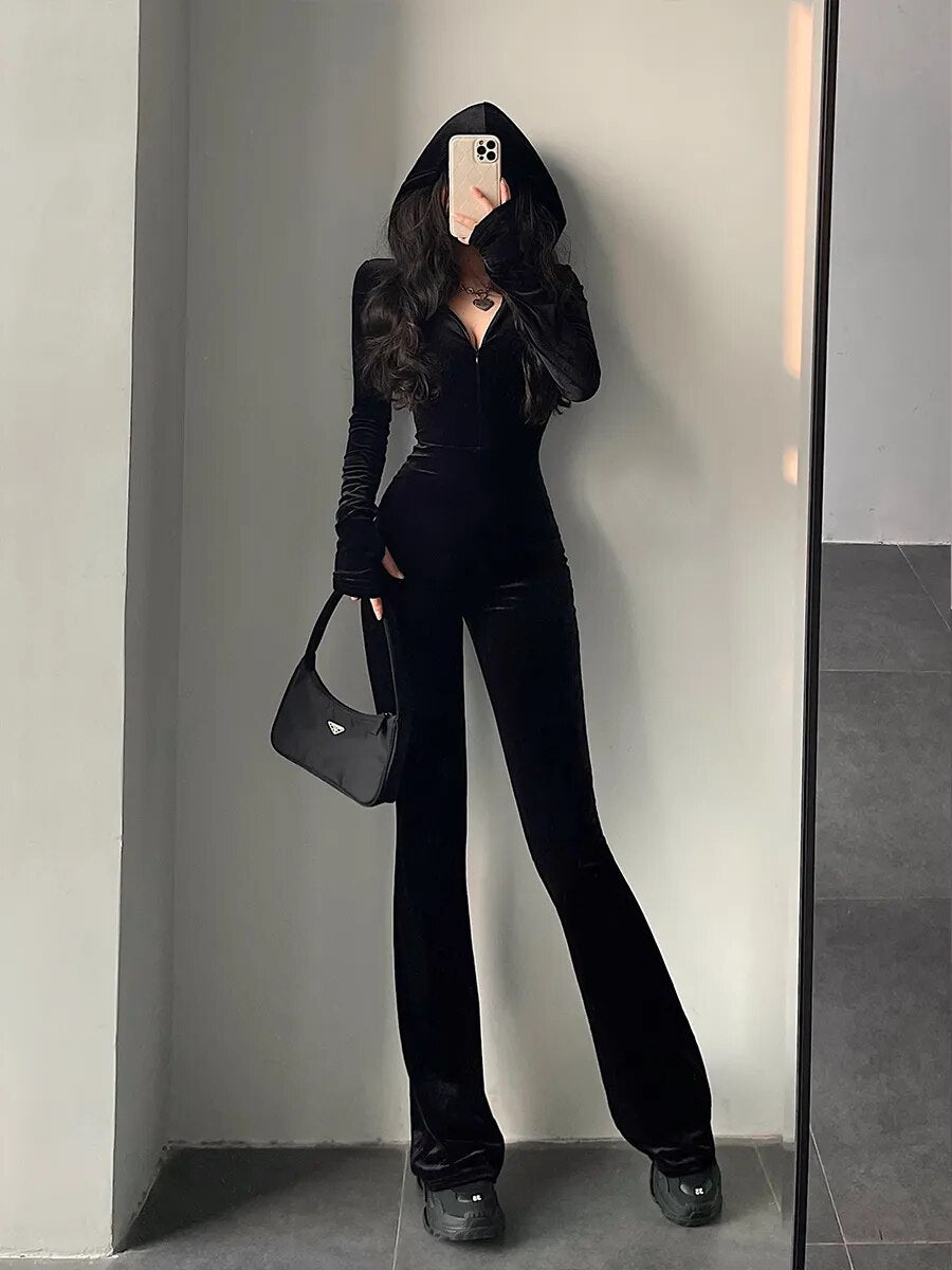 TVVOVVIN Fashion Black Velvet Slim Hooded Zipper Long Sleeve Flare Pants Jumpsu image 2