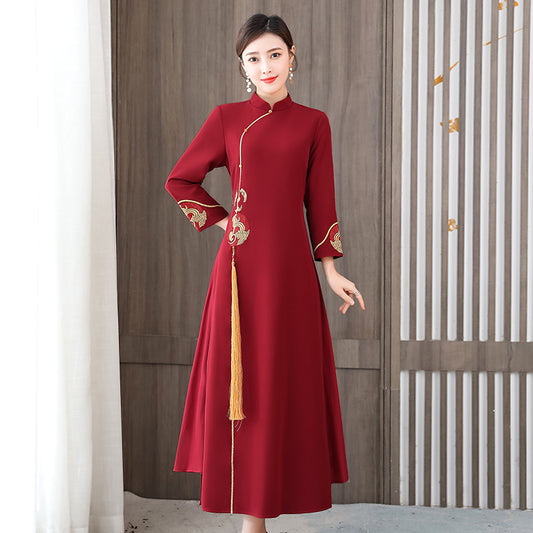 Asian Gown Women Dress Spring Autumn Full Sleeve Ladies Improved Cheongsam AO D image 0