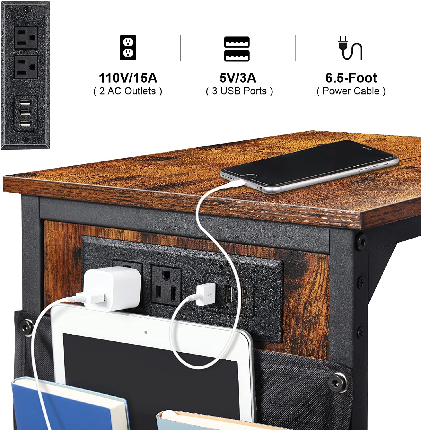 Set of 2 C-shaped Side Table with USB Ports and Outlets Couch Tables for Bedroo image 0
