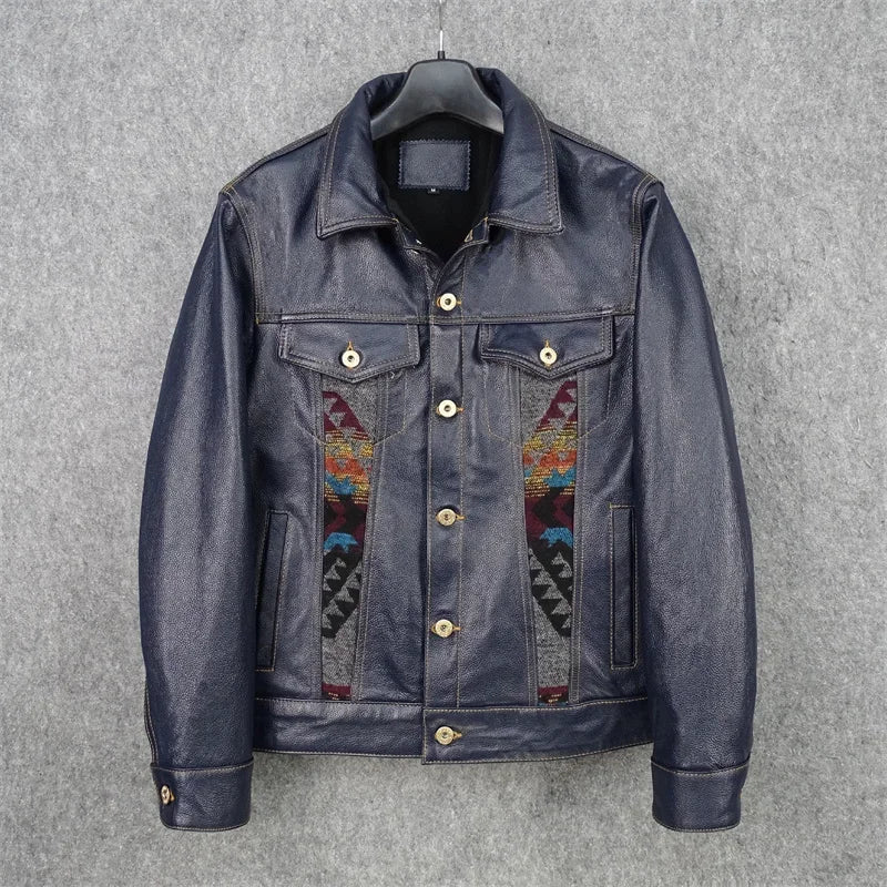 YR!Free shipping.Cuero Super slim blue genuine leather jacket.men classic casua image 2